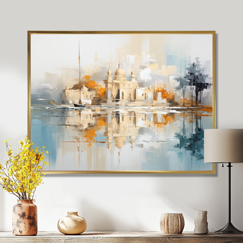 Eastern City Golden Sunset - Art mural de bâtiments de la ville, H 16 po x l 32 po x P 1 po, Toile avec cadre flottant or