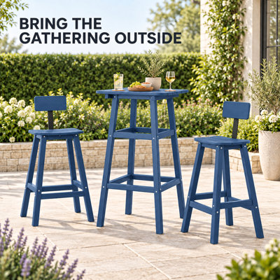 Bar Table Set with 2 Stools, 42 Inch Square Bar Height Pub Table , BlueTextured Wood Look, Stools with Backrest & Footrest, Space Saving for Patio Garden Balcony