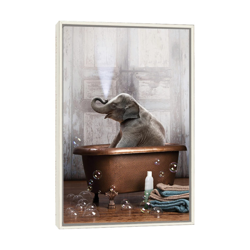 Éléphant dans la baignoire - impression d'art graphique, Toile encadrée flottante blanc vieilli, Pas de tapis