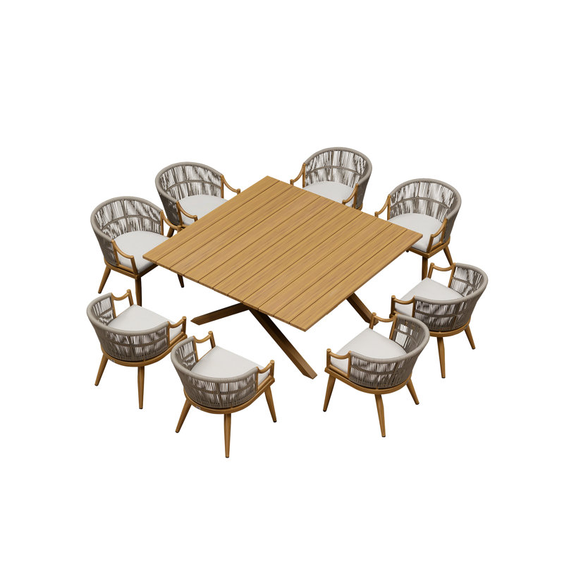 Ensemble de salle à manger de patio en osier avec table rectangulaire en aluminium et chaises à accoudoirs modernes PURPLE LEAF
