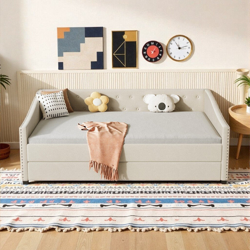 Full Size Daybed with Twin Trundle, Upholstered Sofa Bed with Storage and Pull-Out Bed, Beige, Full/Double