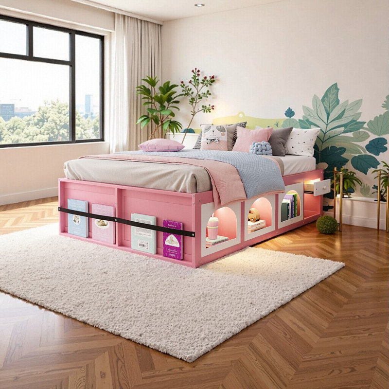 Grand lit plateforme en bois avec bibliothèque, lumières DEL et rangement Elegant - rose et blanc, Rose et blanc