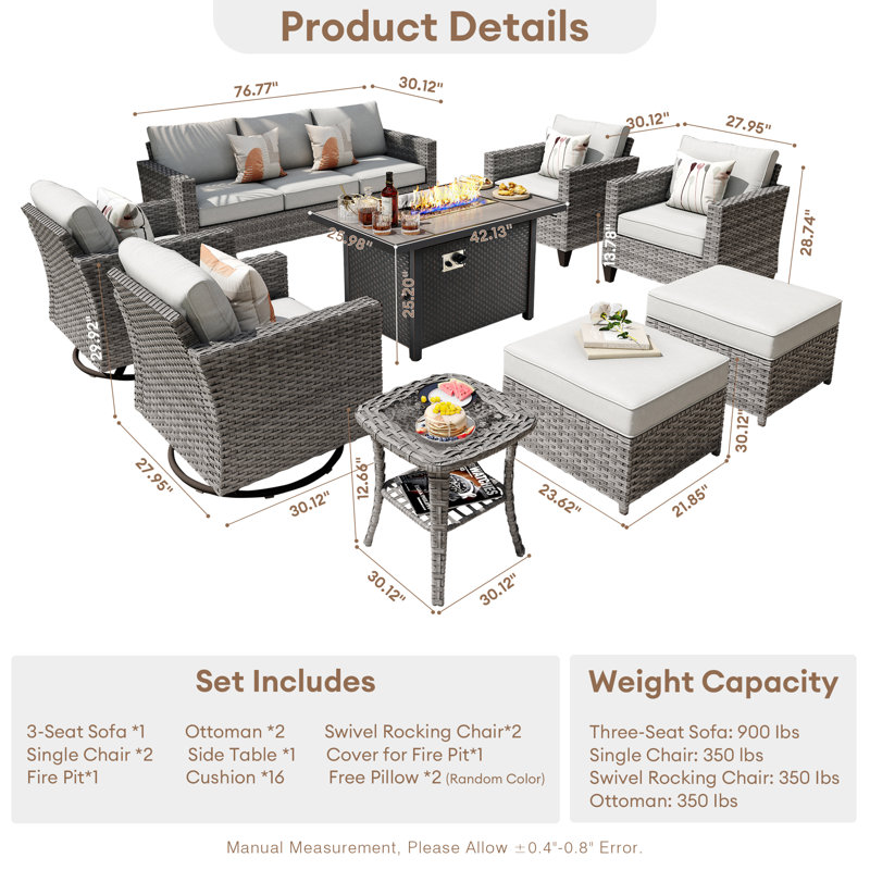 GRS Wicker 9 - Person Patio Conversation Set with Cushions, Yes, Gray
