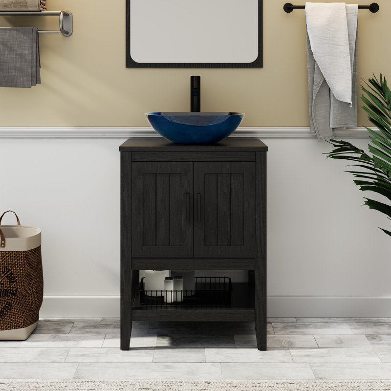 Sharee 24" Single Bathroom Vanity Set With Vessel Sink, Faucet And Drain, Assembly Required, Black