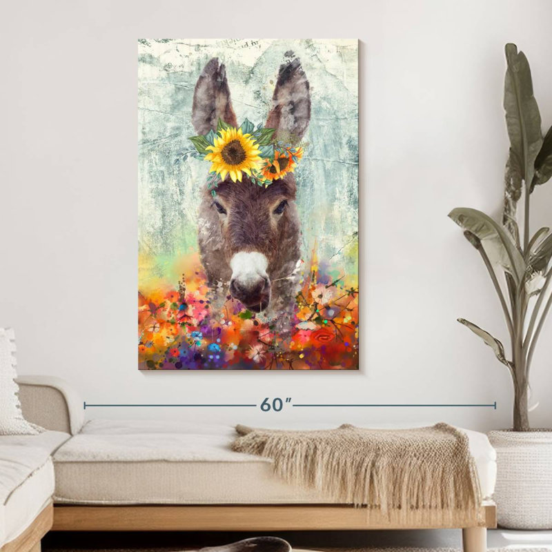 Donkey Floral Crown sur impression sur toile, H 48 po x l 32 po x P 1,25 po