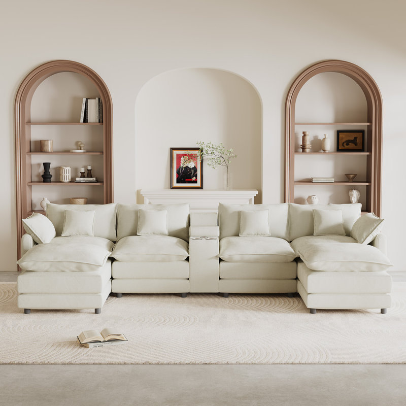 Canapé modulaire en U 145 po avec console et porte-gobelets et ports USB, Blanc beige