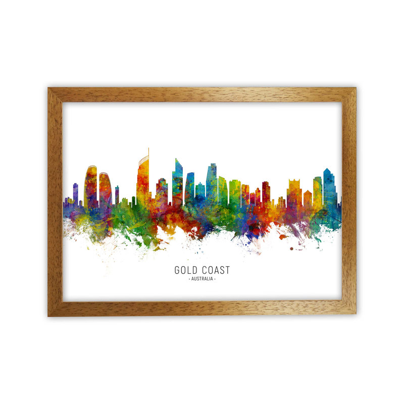 Gold Coast Australia Skyline by Michael Tompsett - Print, 34cm H x 46cm W x 3cm D, Brown Framed