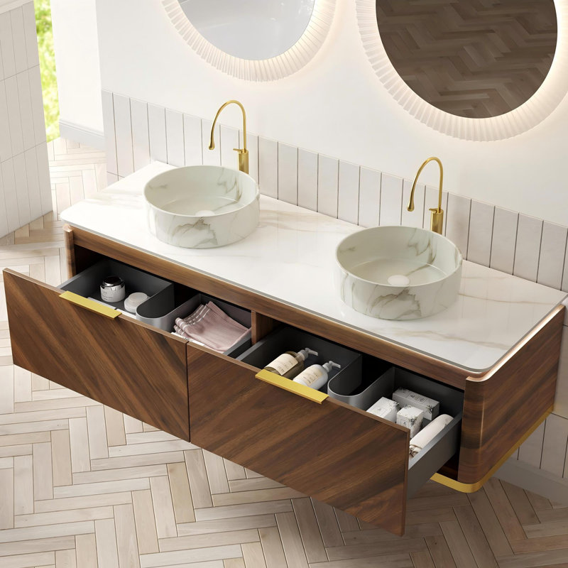 Meuble-lavabo mural 60 po avec tiroirs et vasques rondes blanches, 60"