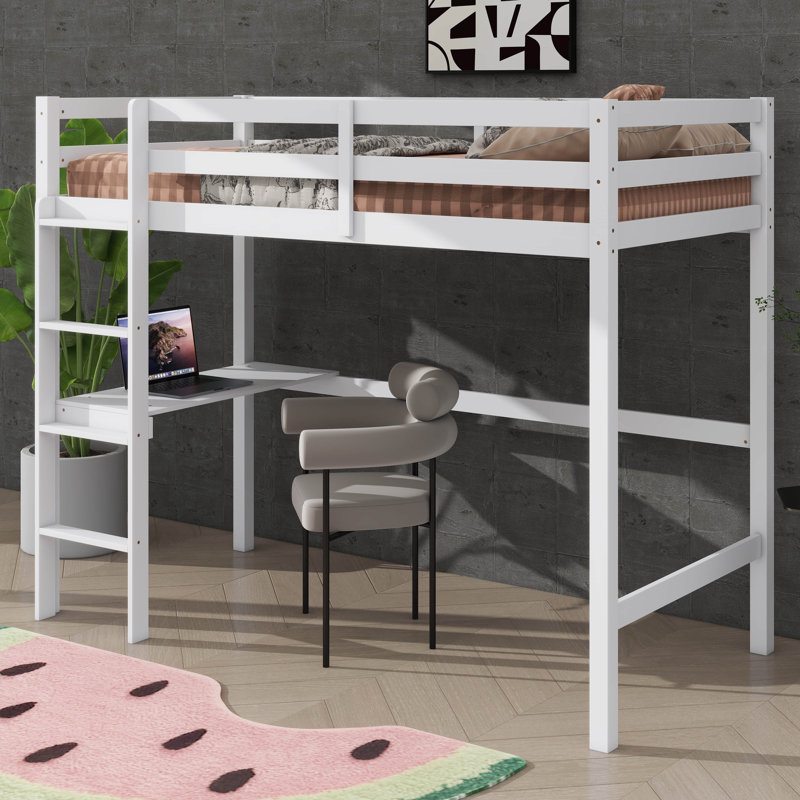 Twin Elevated Wooden Loft Bed, Comprehensively Fitted With Safety Railing, Integrated Desk, And Step Ladder, White