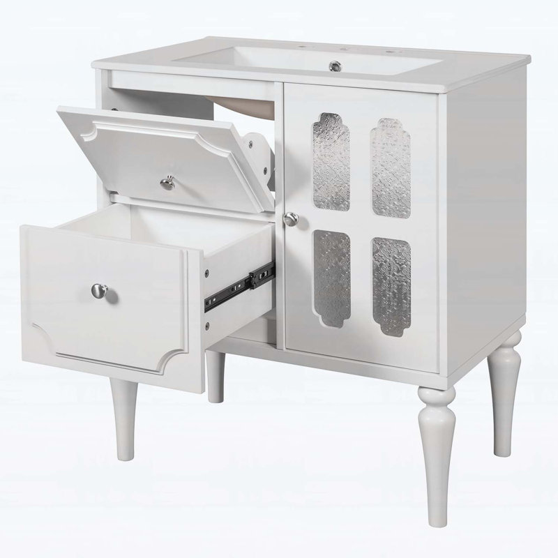 Ensemble de meuble-lavabo simple autoportant avec évier en céramique et 2 tiroirs