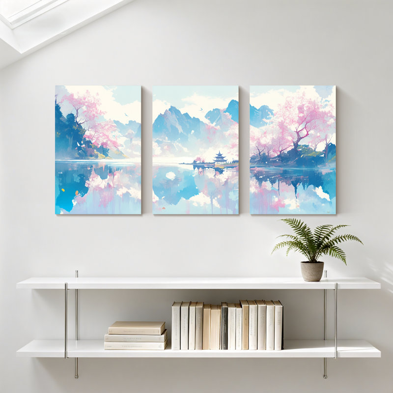 Paysage et nature, Cherry Blossom, lac, montagne, reflet, ciel, pagode, cascade, nuages, ensemble de 3 impressions sur toile