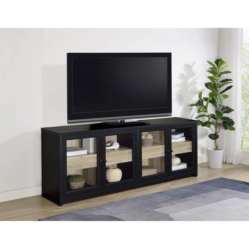Console média moderne avec portes en verre et tablettes réglables