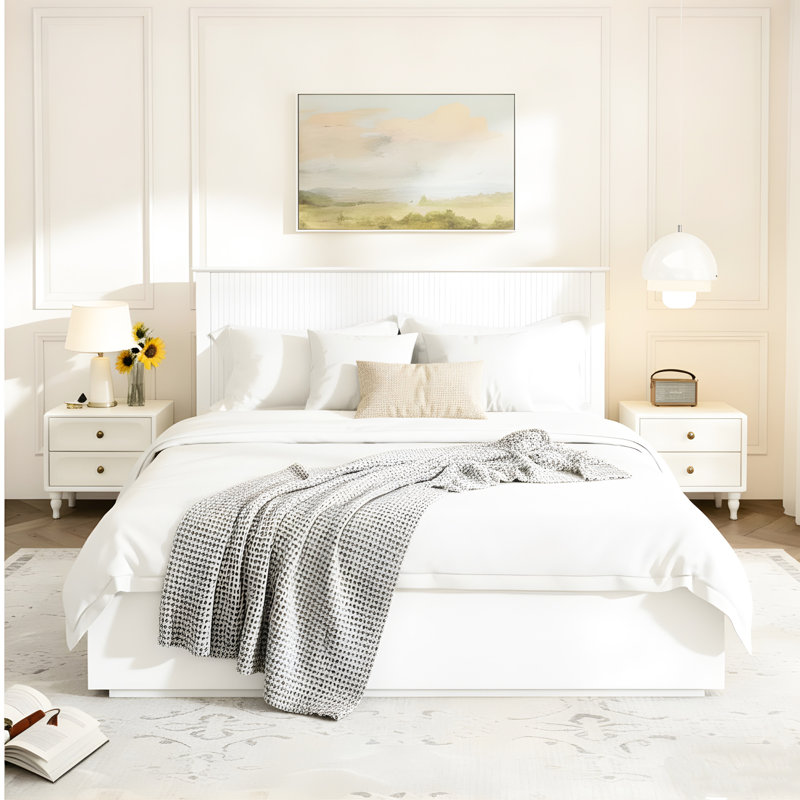 Structure de lit grand blanc en bois massif, limite de poids de 600 lb, compatibilité du matelas de 8 à 10 po, assemblage facile pour la chambre à coucher, installation rapide, taille, bois, capacité, ajustement, élégance et rénovation de meubles