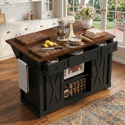 58" Farmhouse Kitchen Island With Drop Leaf, Power Outlet, And Sliding Barn Doors