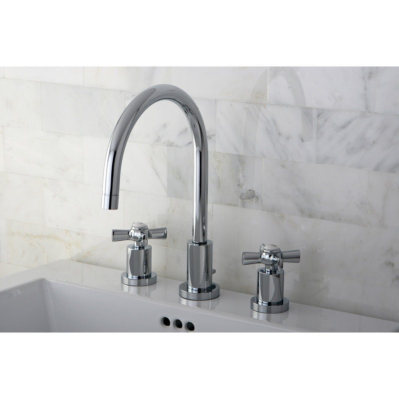 Kingston Brass Millennium Two-Handle 3-Hole Deck Mount Widespread Bathroom Faucet with Brass Pop-Up Drain, Polished Chrome