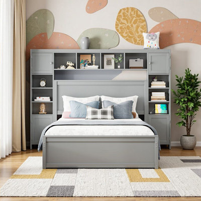 Élégant grand lit en bois avec rangement, gigogne et prises de courant intégrées - Lit plateforme gris moderne pour une vie confortable et connectée