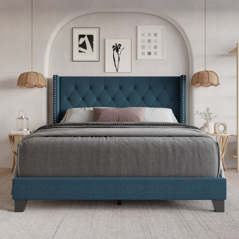 Lit tapissier Ameire, Bleu denim, Double