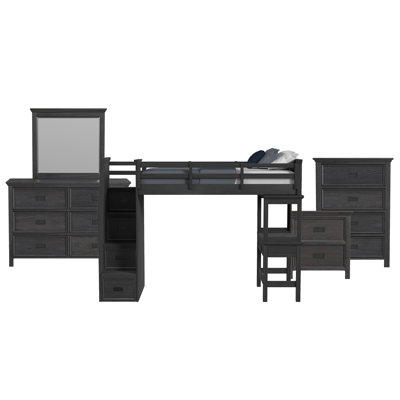 Guillot Kids Twin Loft With Staircase And Desk With Speaker 5PC Bedroom Set In Charcoal