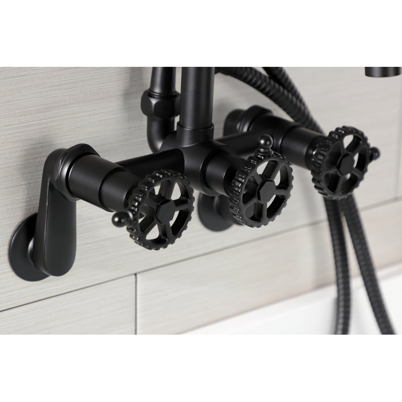 Kingston Brass Fuller Three-Handle 2-Hole Wall Mount Clawfoot Tub Faucet with Hand Shower, Matte Black