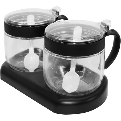 Glass Seasoning Box Set,12Oz/350 Ml Condiment Set With Lids And Spoon,Glass Condiment Canisters,2Pack Scondiment Jar Set For Sugar Pepper For Kitchen Counter(Black)