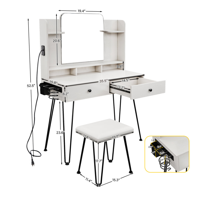 Dressing Table Makeup Vanity Table Set with Mirror, Power Outlets and Vanity Stool, White