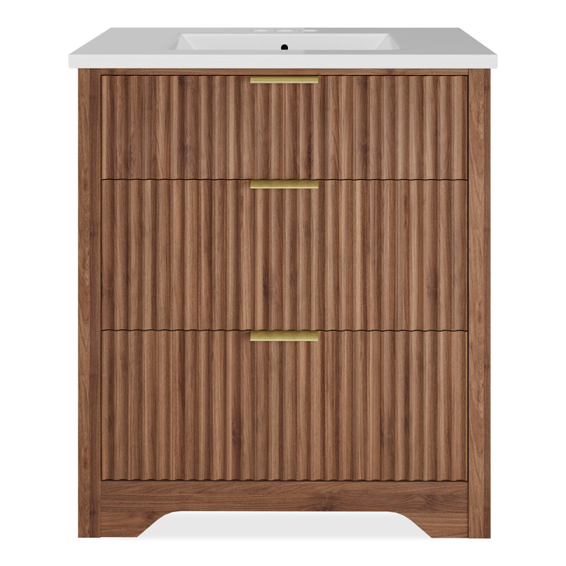 Meuble-lavabo cannelé avec évier, meuble-lavabo autoportant Farmhouse, Brun, 30"