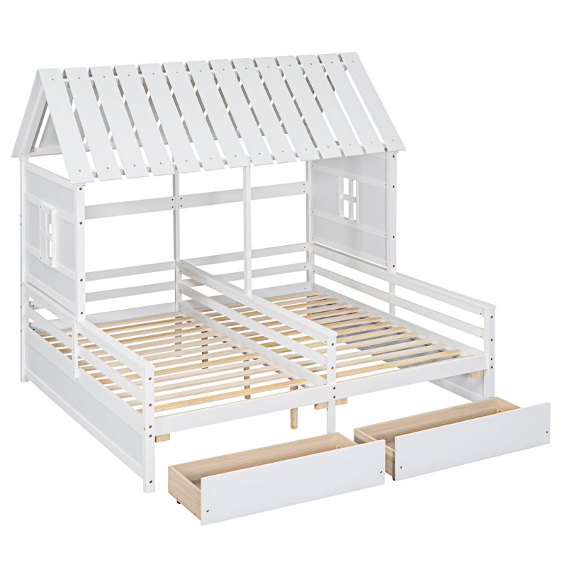 Lits plateforme House avec deux tiroirs pour lits partagés garçon et fille, Blanc