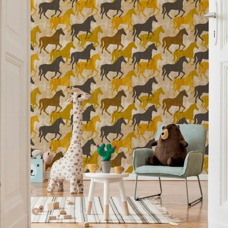 Cheval et silhouettes de papier peint jaune moutarde amovible, Peler et coller