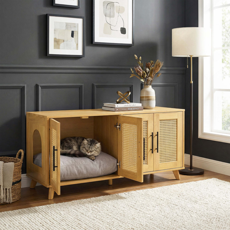Armoire pour chat en bois d'hévéa avec coussin confortable Myra, Naturel