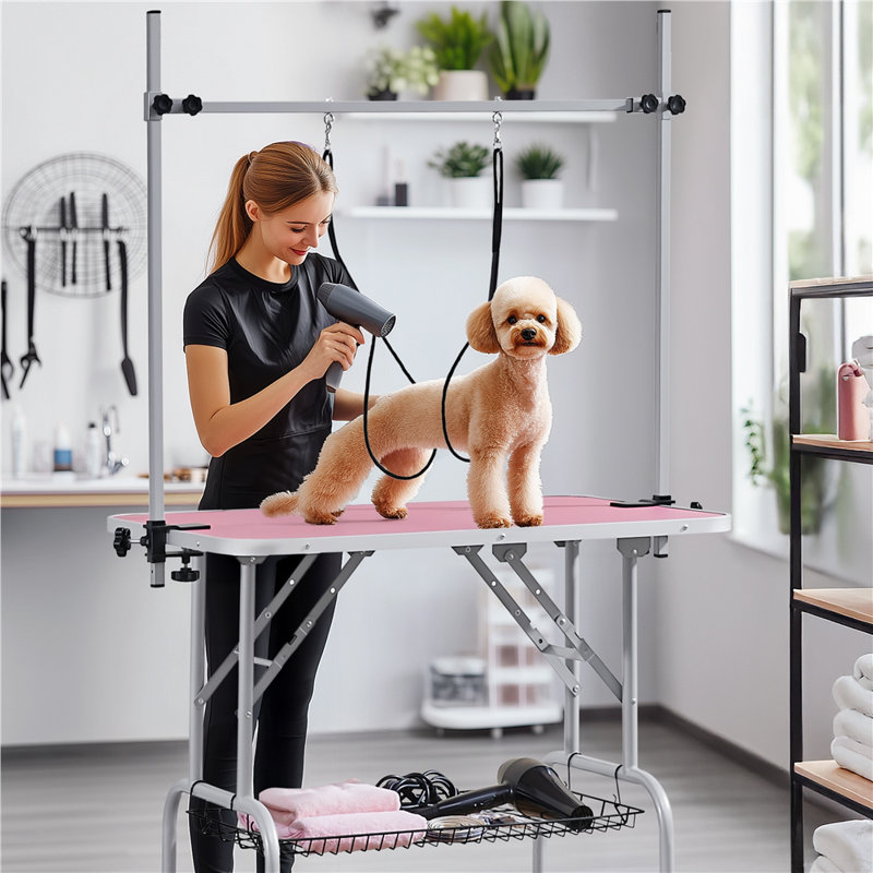 163.5cm H x 96cm W x 61cm D Adjustable and Foldable Folding Grooming Table, Pink