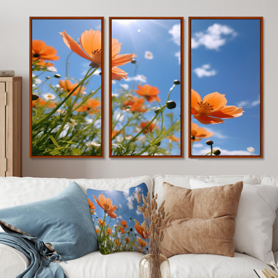 Orange coquelicots, bleu, ciel d'été - ensemble de salon d'art mural coquelicots