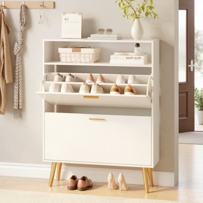 White, Narrow, Independent Entryway Shoe Cabinet With Two Flip-Top Doors And Shelves; Hidden Storage Saves Space.