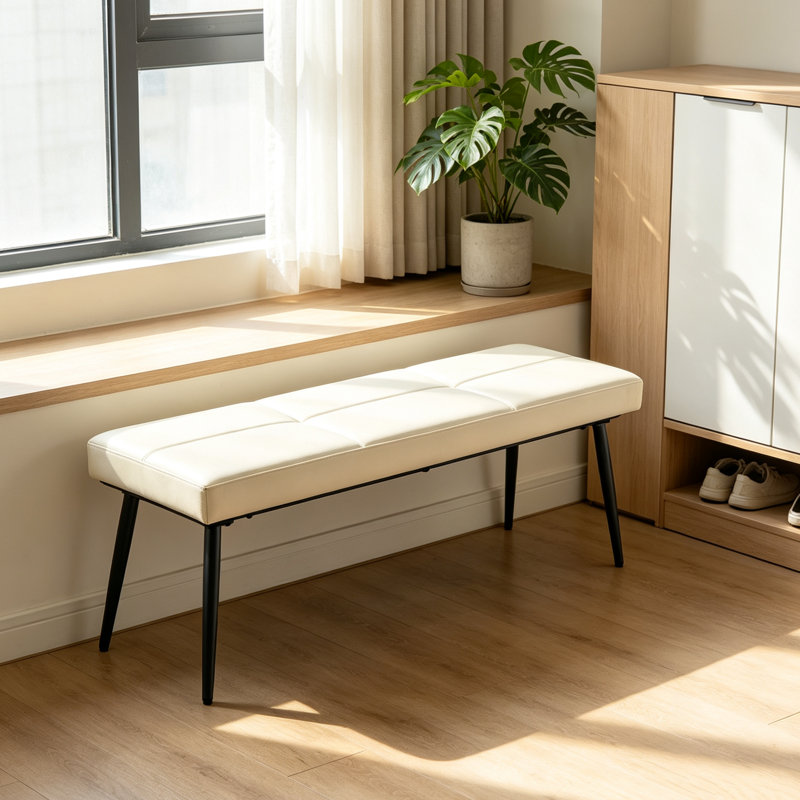 Banc rembourré en cuir de polyuréthane 51 po avec pieds en métal, banc d'entrée doux avec coussins en mousse de fibre, banc de salle à manger, blanc cassé
