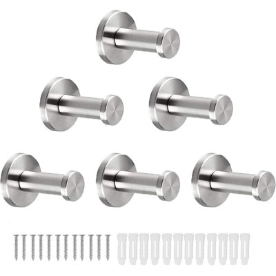 6 Pack Stainless Steel Wall Mounted Towel Hooks, Heavy Duty Coat Hooks For Bathroom, Bedroom, Kitchen, Brushed SUS 304, Anti-Rotation Design, Easy Installation