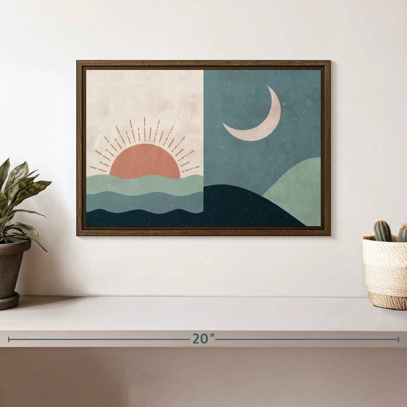 Boho lever et coucher de soleil II, 13 po x 9 po, Cadre flottant en noyer