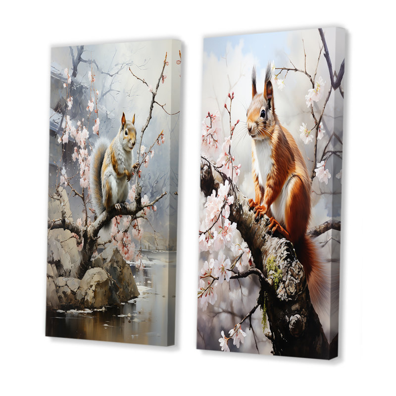 «Brown Squirrel on Pink Cherry Blossom I», ensemble de 2 reproductions d'art sur toile, Toile tendue, H 28 po x l 25 po