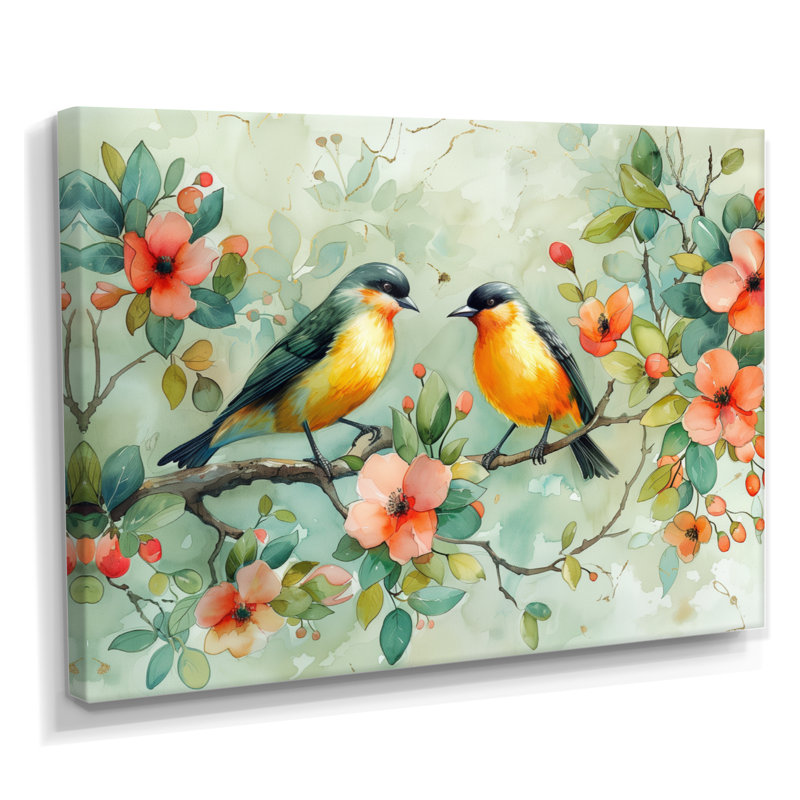 Fleurs jaunes et vertes d'Eden Birds I - oiseau, art mural dans le salon, Toile tendue, H 12 po x l 20 po x P 1 po