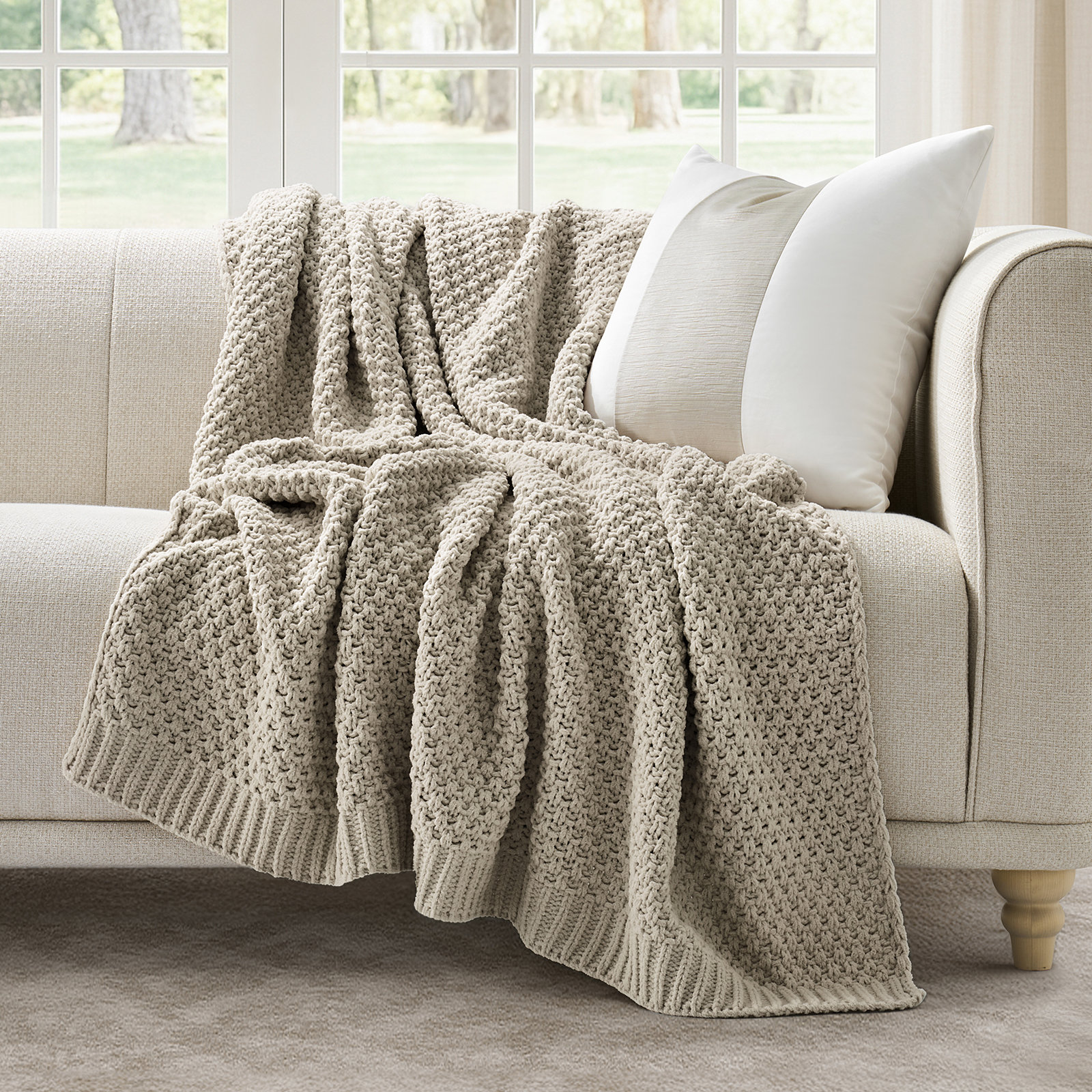 Chunky Chenille Knit Throw Blanket, 80" L x 60" W, Warm Gray
