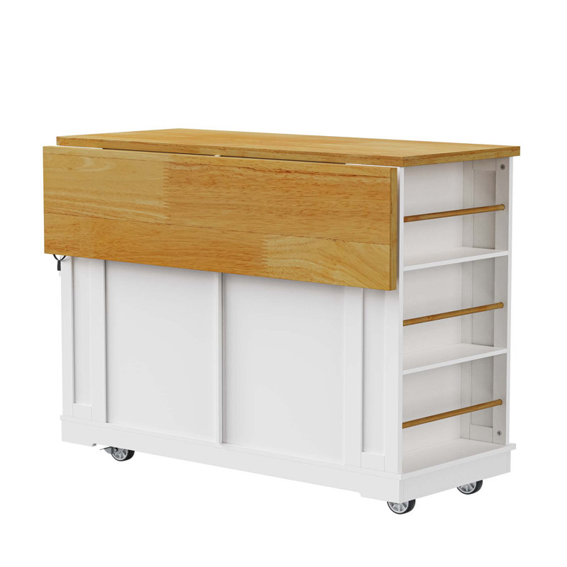 Lullaby 48" Fluted Kitchen Island With Drop Leaf and Storage Cabinet, Rolling Kitchen Storage Cart on 5 Wheels with 5 Open Side Racks(Not Including Stools)