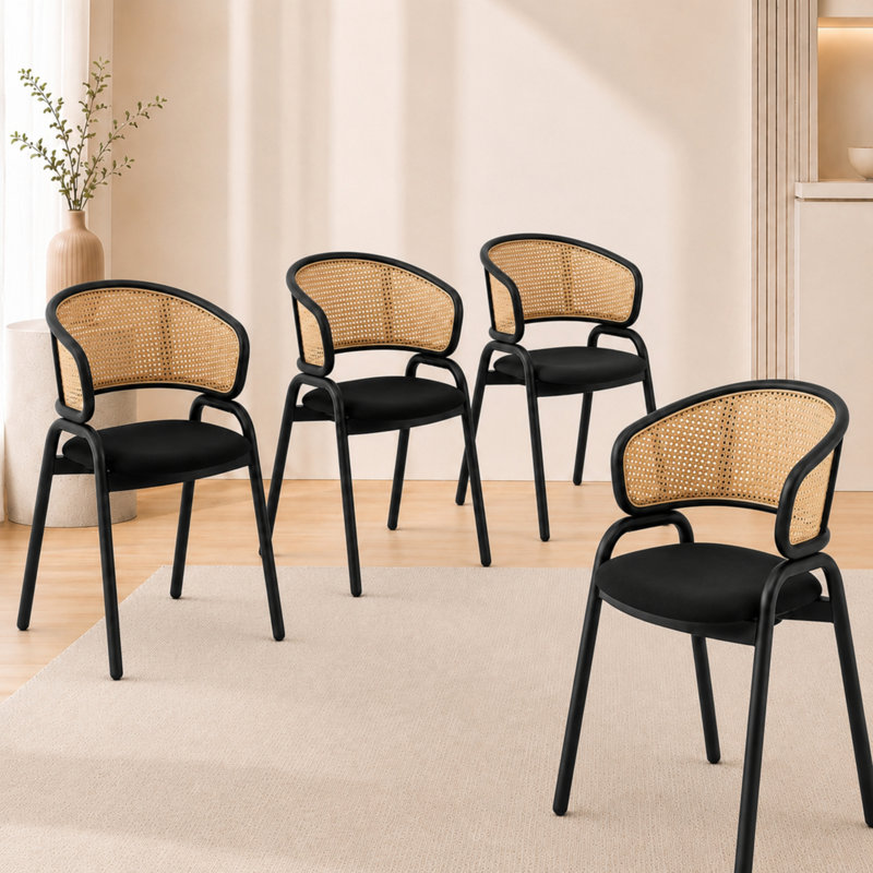Mid-Century Modern Velvet Dining Chair with Cane Rattan Back, Luxury Boho Accent Chair with Stainless Steel Legs for Kitchen & Bistro