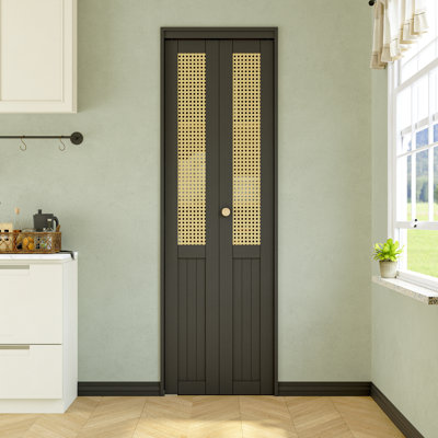 Weavebound Solid Manufactured Wood And Imitation Rattan Hand-Woven Bi-Fold Closet Doors With Hardware Kit