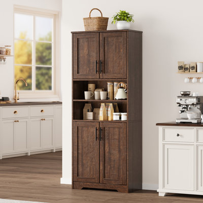 67" Tall Freestanding Storage Cabinet with 4 Doors and Adjustable Shelves, Modern Farmhouse Pantry Cabinet for Kitchen Bathroom Dining Living Room - Brownish red, Wooden Door
