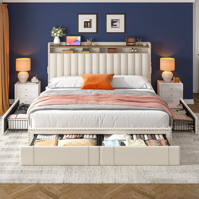Jahlia Upholstered Storage Bed with 3 Drawers and 2-Tier Storage Headboard