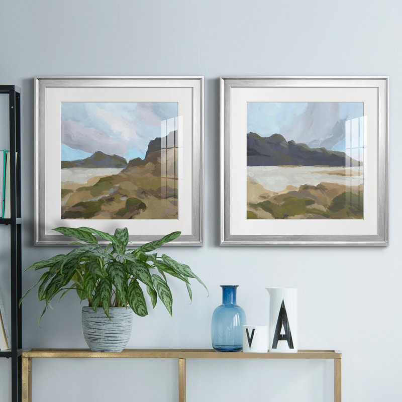 Mossy Cove I - ensemble de 2 reproductions d'art encadrées, H 17,5 po x l 35 po x P 1,5 po, Papier avec cadre argenté, Blanc