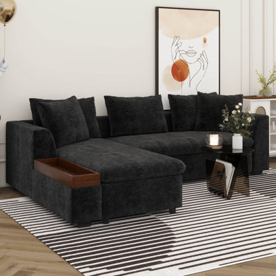 93.7" L-Shaped Sectional Sofa With Wooden Storage Compartment, Chenille Upholstered Deep Seating& Chaise Lounge And Throw Pillows