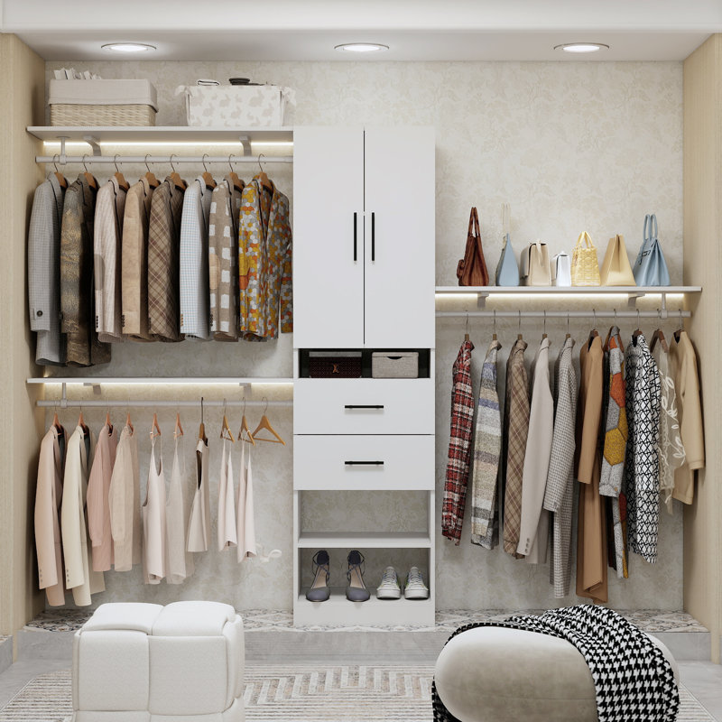 White Closet System, Walk In Closet Organizer System With 3 Shelves,2 Drawers and 3 rods
