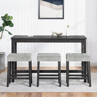 Ensemble de table de salle à manger 4 pièces avec 3 tabourets sans dossier et prise de courant