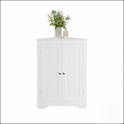Floor Corner Cabinet with 2 Doors and Adjustable Shelves, Freestanding Narrow Organizer for Bathroom, Kitchen, Living Room, or Bedroom