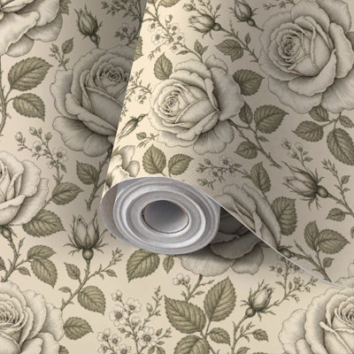 Peel and Stick Wallpaper Contact Paper Rose Bushes Hand Drawn Vintage Kitchen Toile de Jouy Featuring Self Adhesive and Removable 24in x 118in(60x300cm)