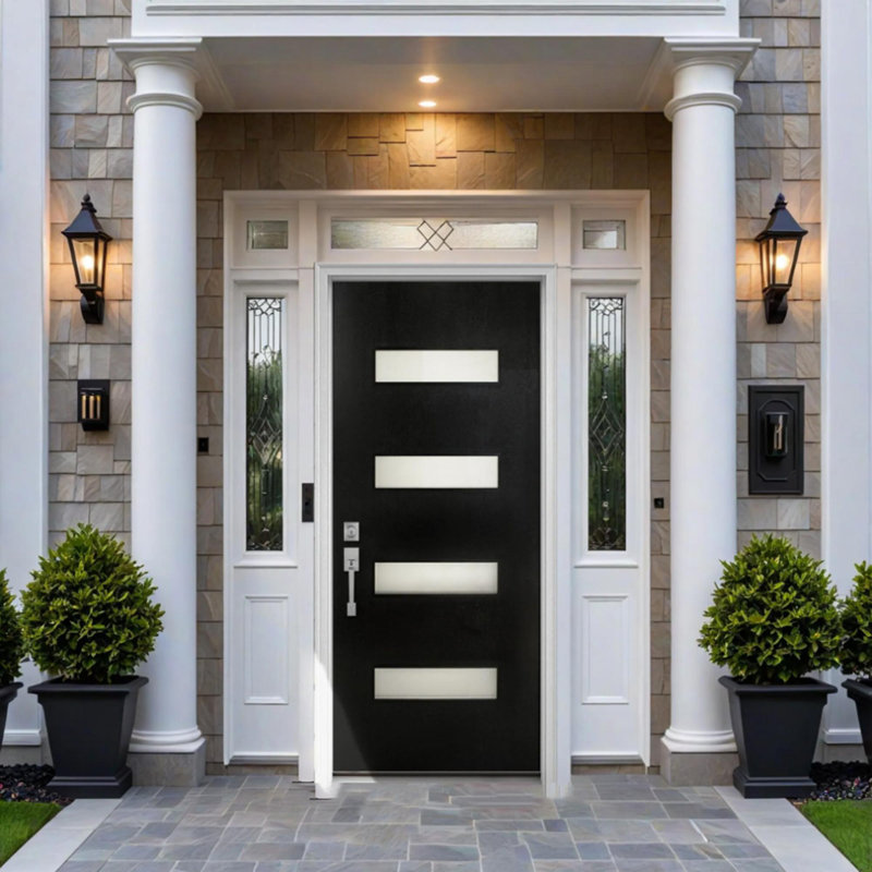 Porte d'entrée extérieure moderne en fibre de verre avec cadre complet et verre givré, Droite / vers l'intérieur